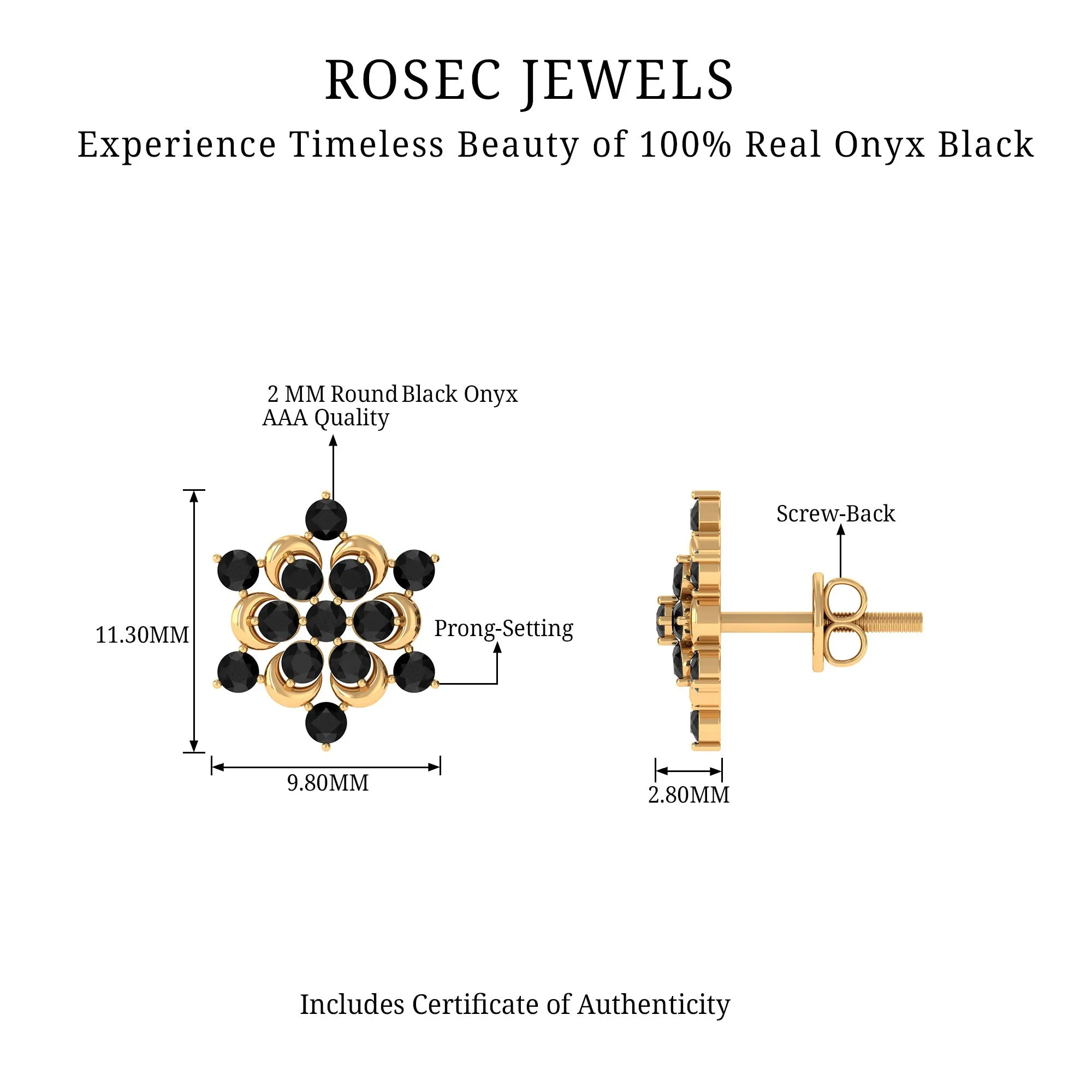 1/2 CT Black Onyx Statement Snowflake Stud Earrings