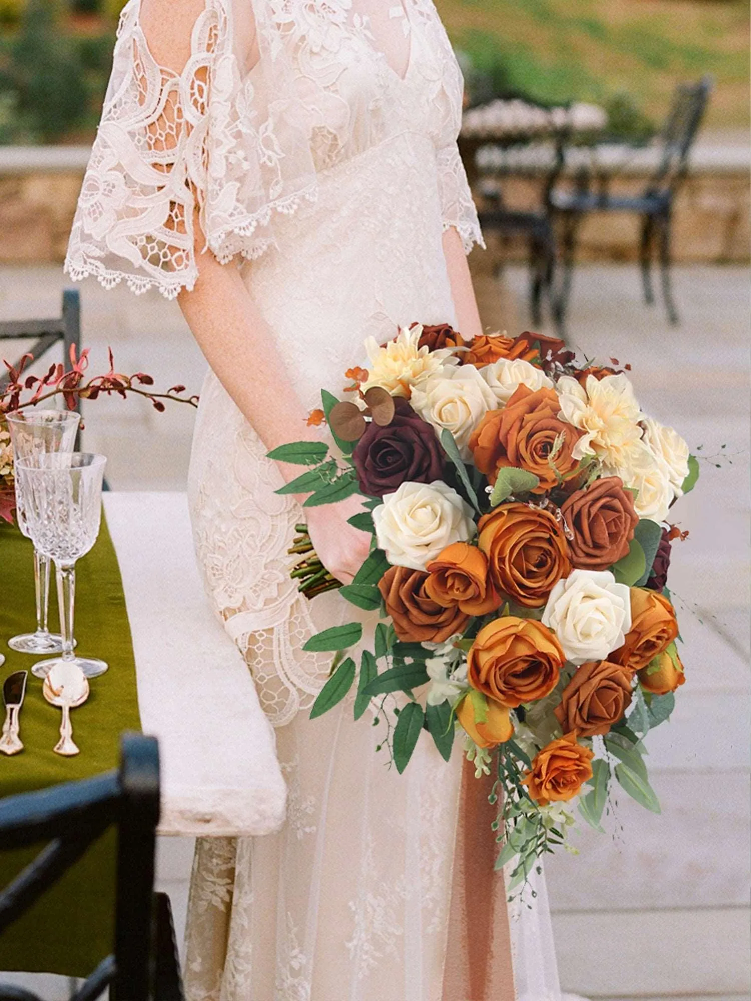 13.3 inch wide Terracotta Cascading Bridal Bouquet