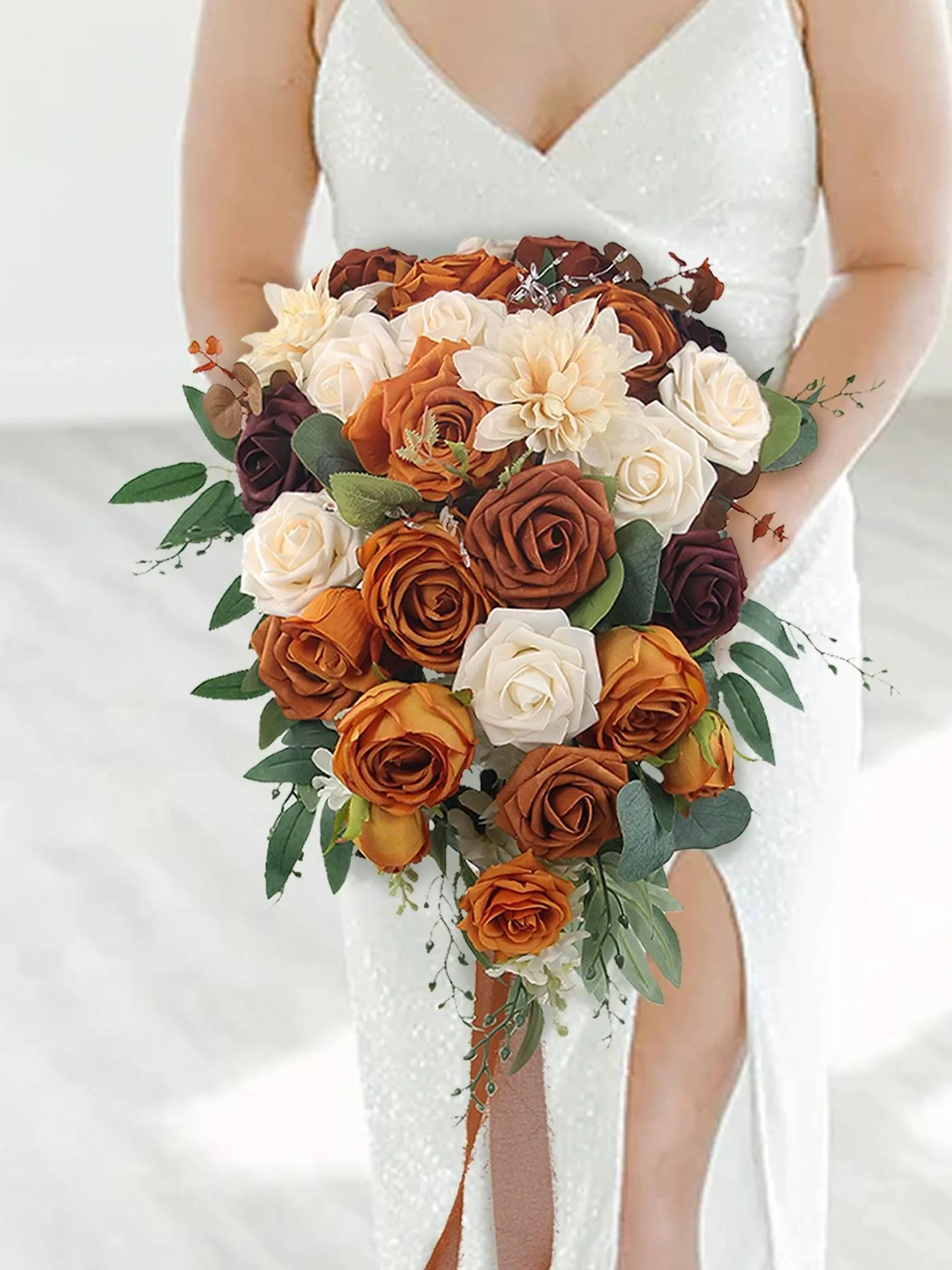 13.3 inch wide Terracotta Cascading Bridal Bouquet