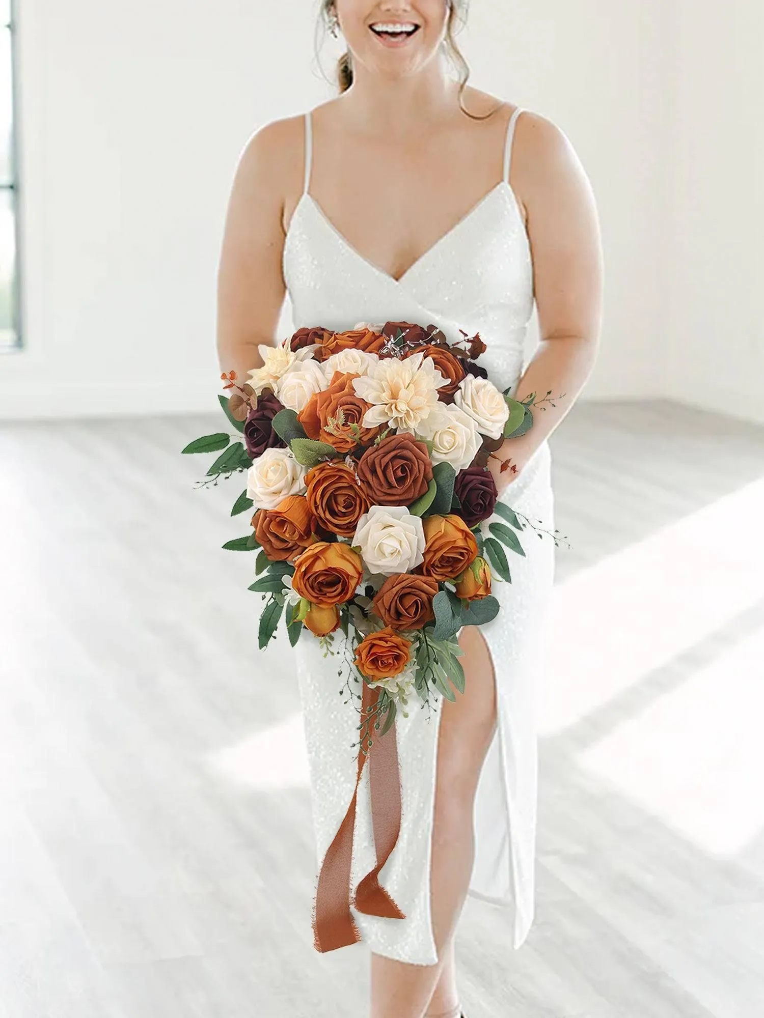 13.3 inch wide Terracotta Cascading Bridal Bouquet