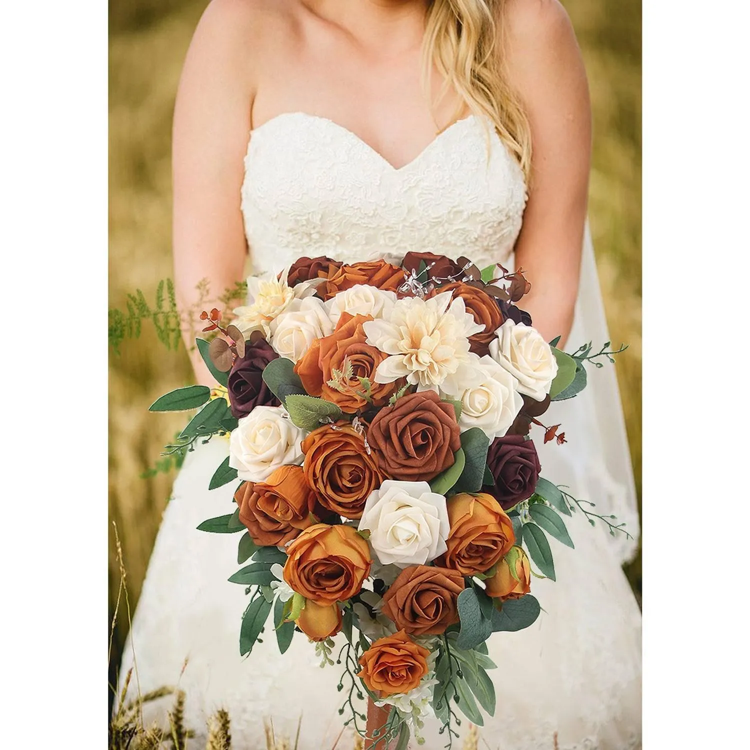 13.3 inch wide Terracotta Cascading Bridal Bouquet