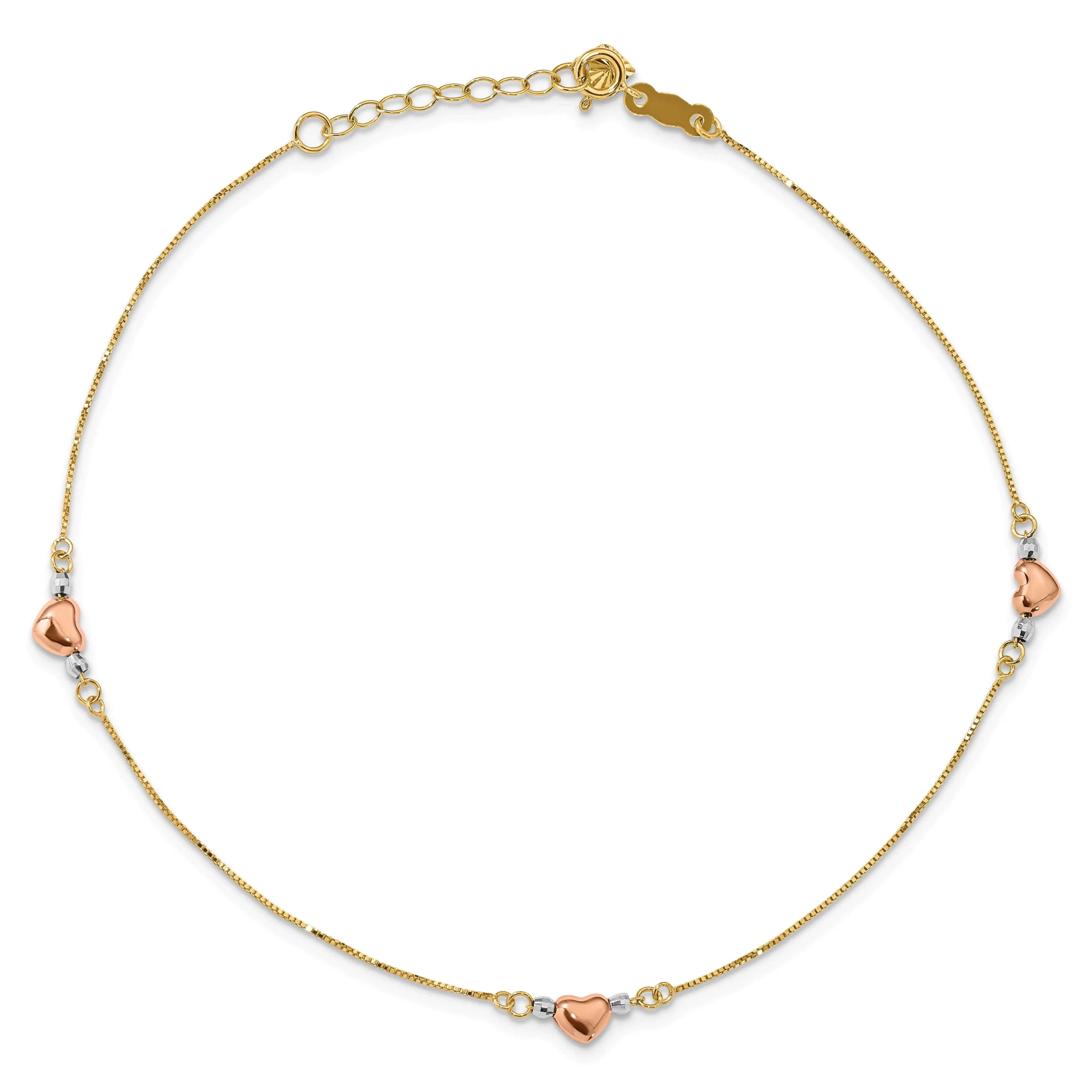 14k Tri-Gold Adjustable Puffed Heart Anklet