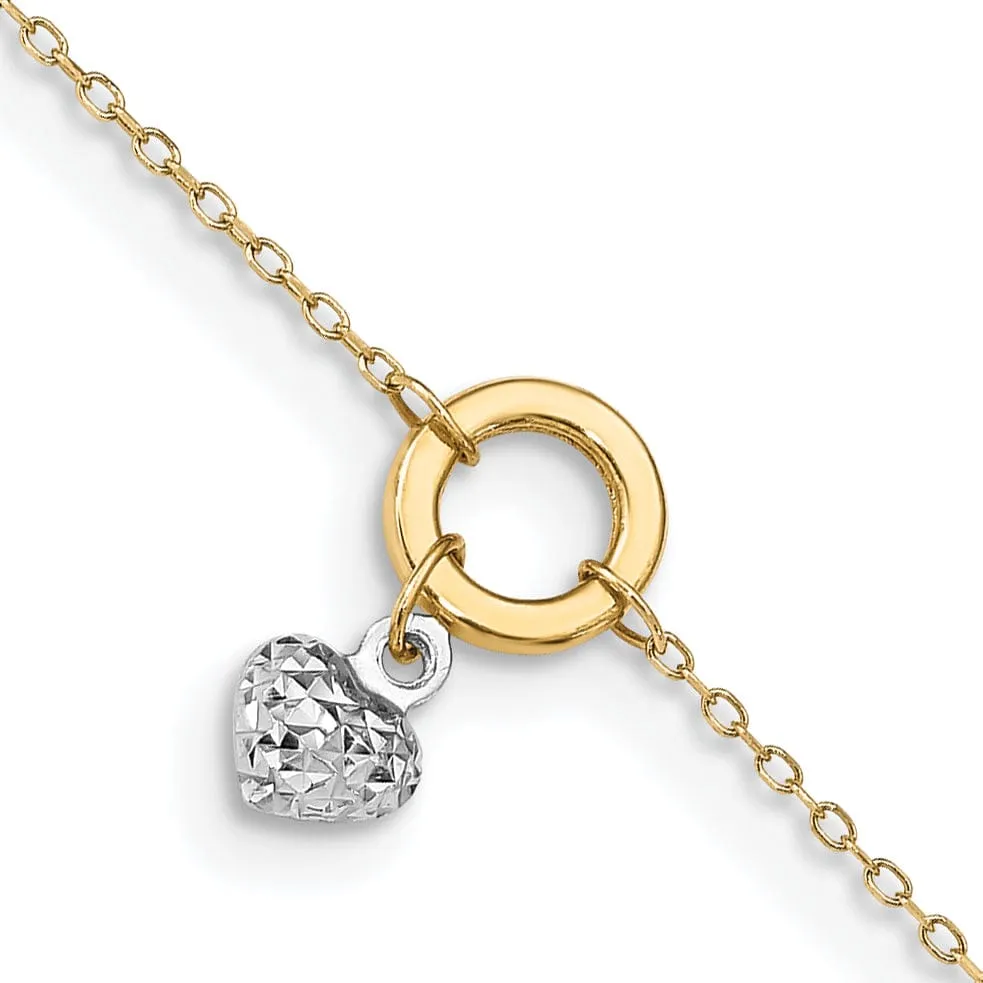 14k Two-tone Gold Circle/Diamond Cut Heart Anklet