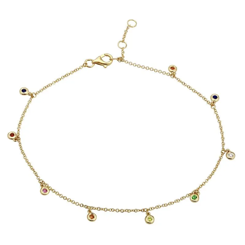 14K Yellow Gold Rainbow Gemstone Anklet