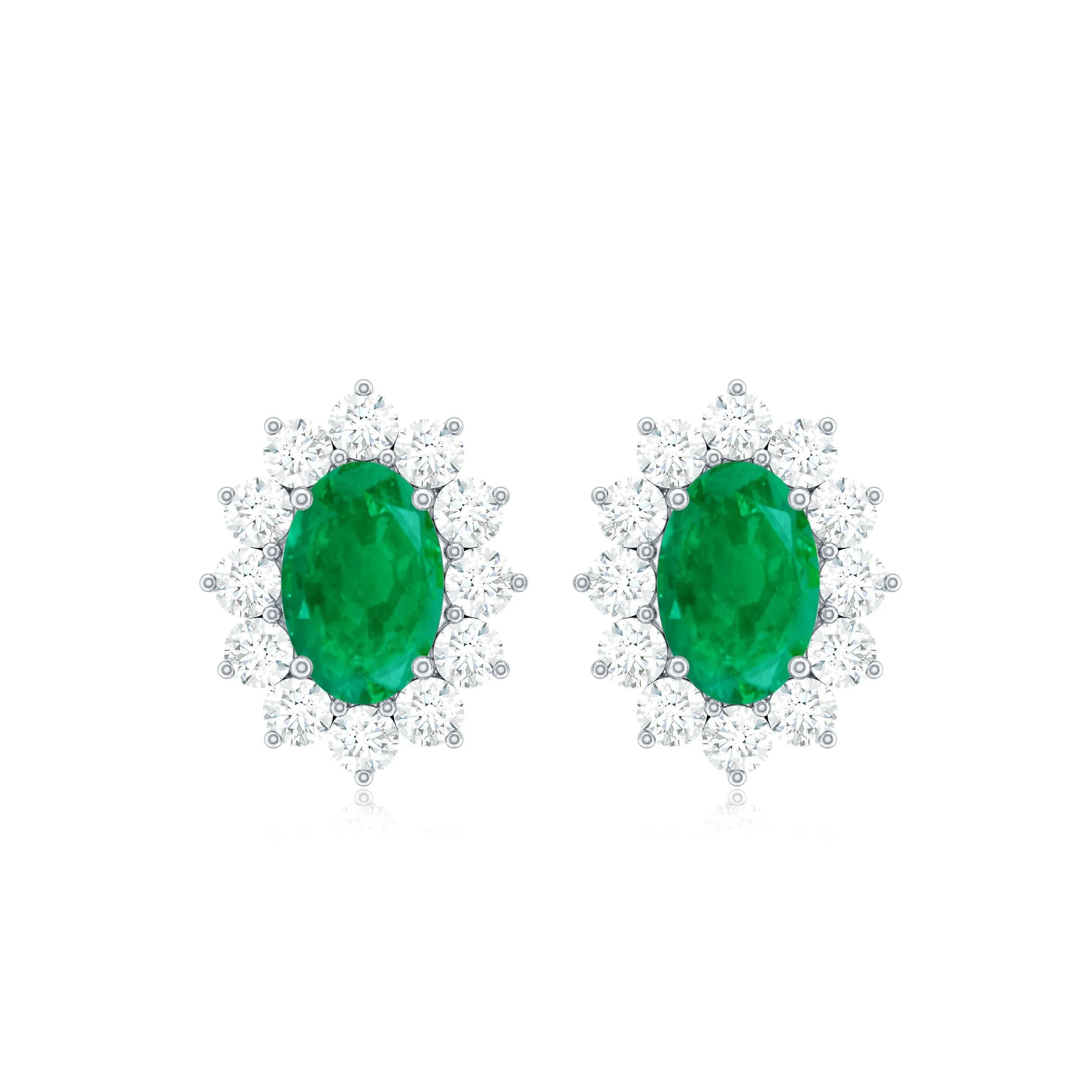 1.75 CT Oval Cut Emerald and Diamond Starburst Stud Earrings