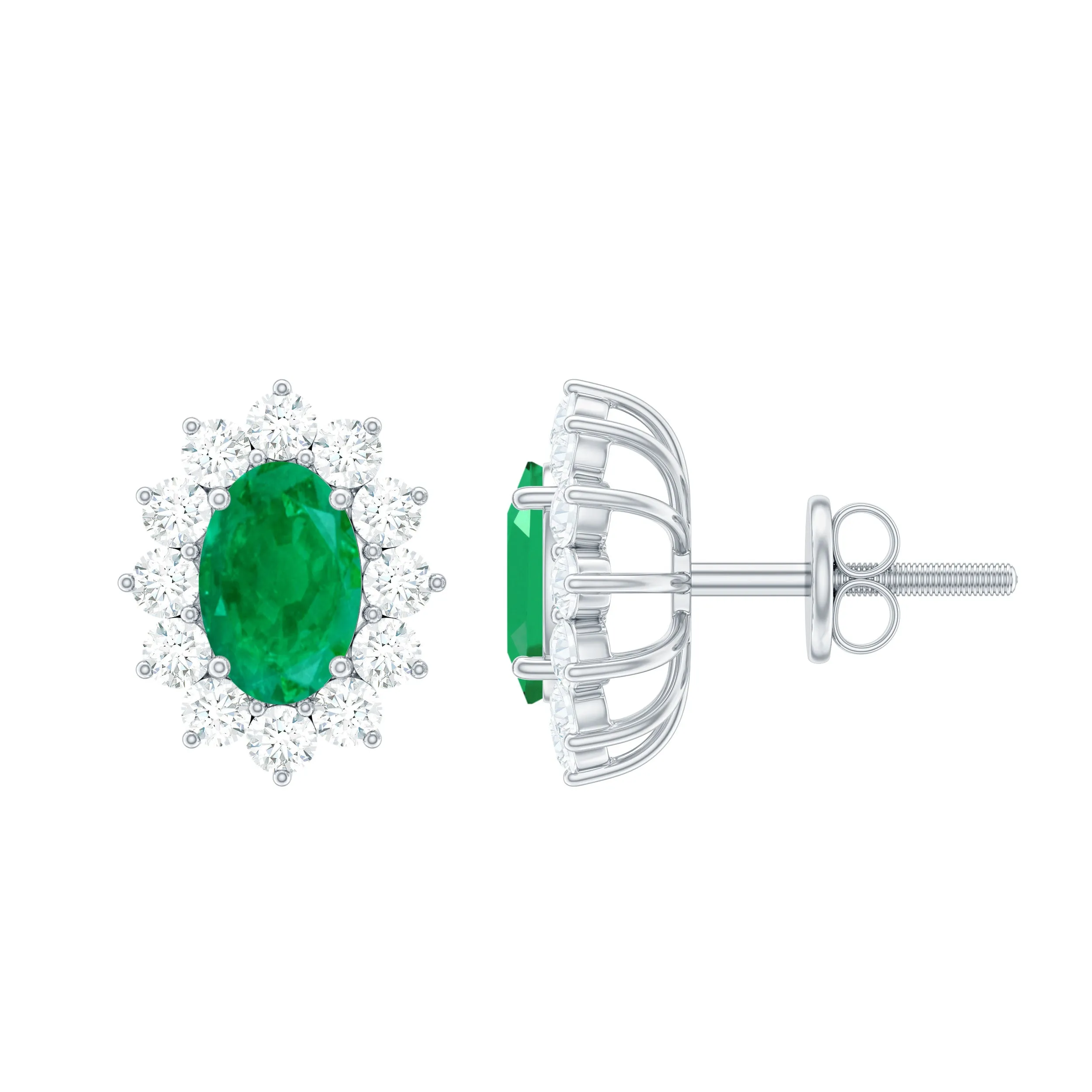 1.75 CT Oval Cut Emerald and Diamond Starburst Stud Earrings