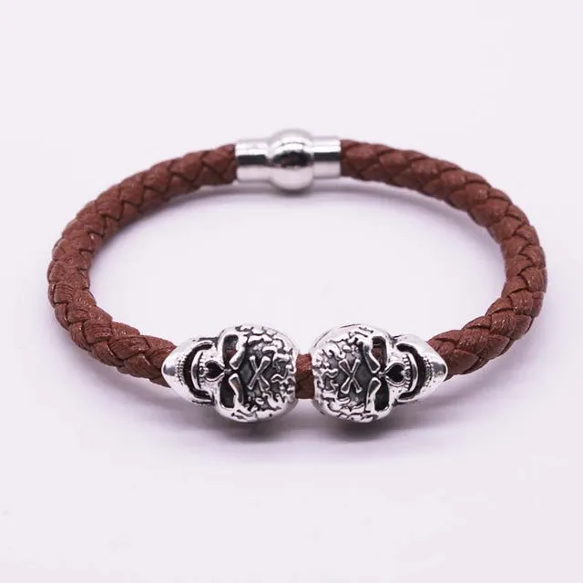 2016 Hot Selling Fashion Braided Leather Bracelets Gold Skull Bracelet Punk Wrap Bracelet Women Men