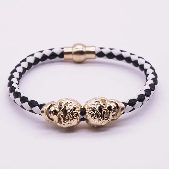 2016 Hot Selling Fashion Braided Leather Bracelets Gold Skull Bracelet Punk Wrap Bracelet Women Men