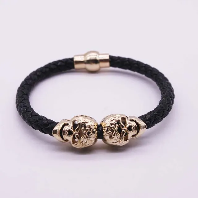 2016 Hot Selling Fashion Braided Leather Bracelets Gold Skull Bracelet Punk Wrap Bracelet Women Men