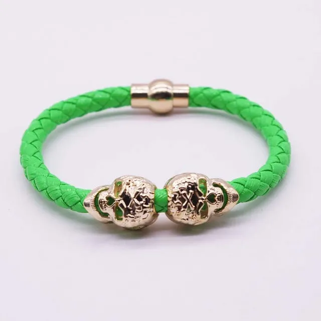 2016 Hot Selling Fashion Braided Leather Bracelets Gold Skull Bracelet Punk Wrap Bracelet Women Men