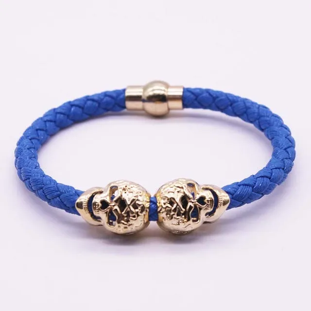 2016 Hot Selling Fashion Braided Leather Bracelets Gold Skull Bracelet Punk Wrap Bracelet Women Men