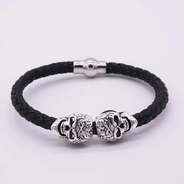 2016 Hot Selling Fashion Braided Leather Bracelets Gold Skull Bracelet Punk Wrap Bracelet Women Men