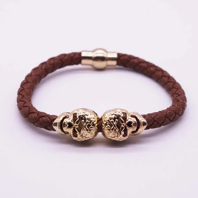 2016 Hot Selling Fashion Braided Leather Bracelets Gold Skull Bracelet Punk Wrap Bracelet Women Men