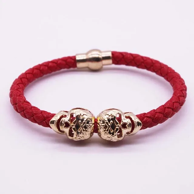 2016 Hot Selling Fashion Braided Leather Bracelets Gold Skull Bracelet Punk Wrap Bracelet Women Men