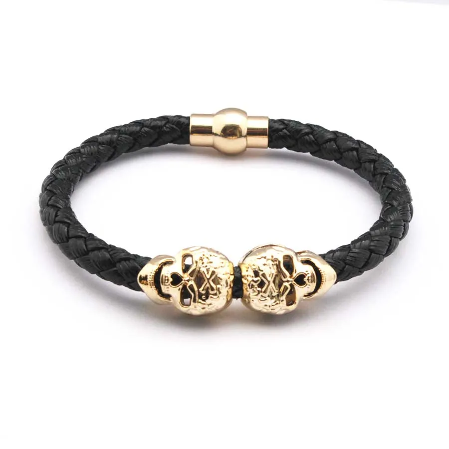 2016 Hot Selling Fashion Braided Leather Bracelets Gold Skull Bracelet Punk Wrap Bracelet Women Men