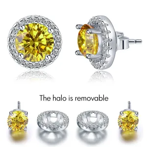 2.5 Carat Round Fancy Yellow Halo (Removable) Stud 925 Sterling Silver Earrings XFE8127