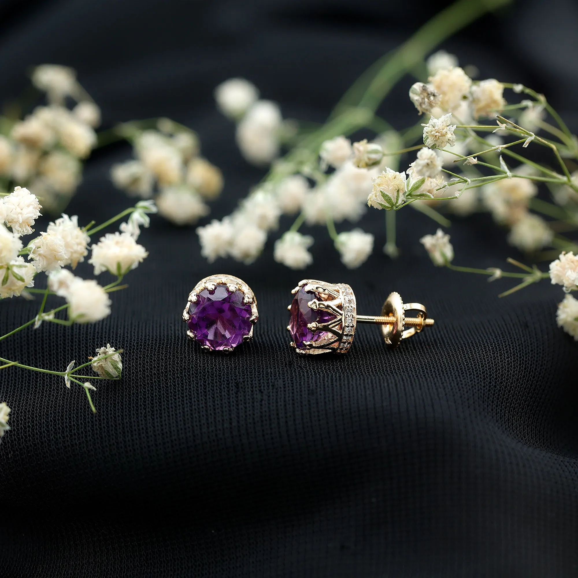 2.50 CT Solitaire Amethyst and Diamond Crown Stud Earrings