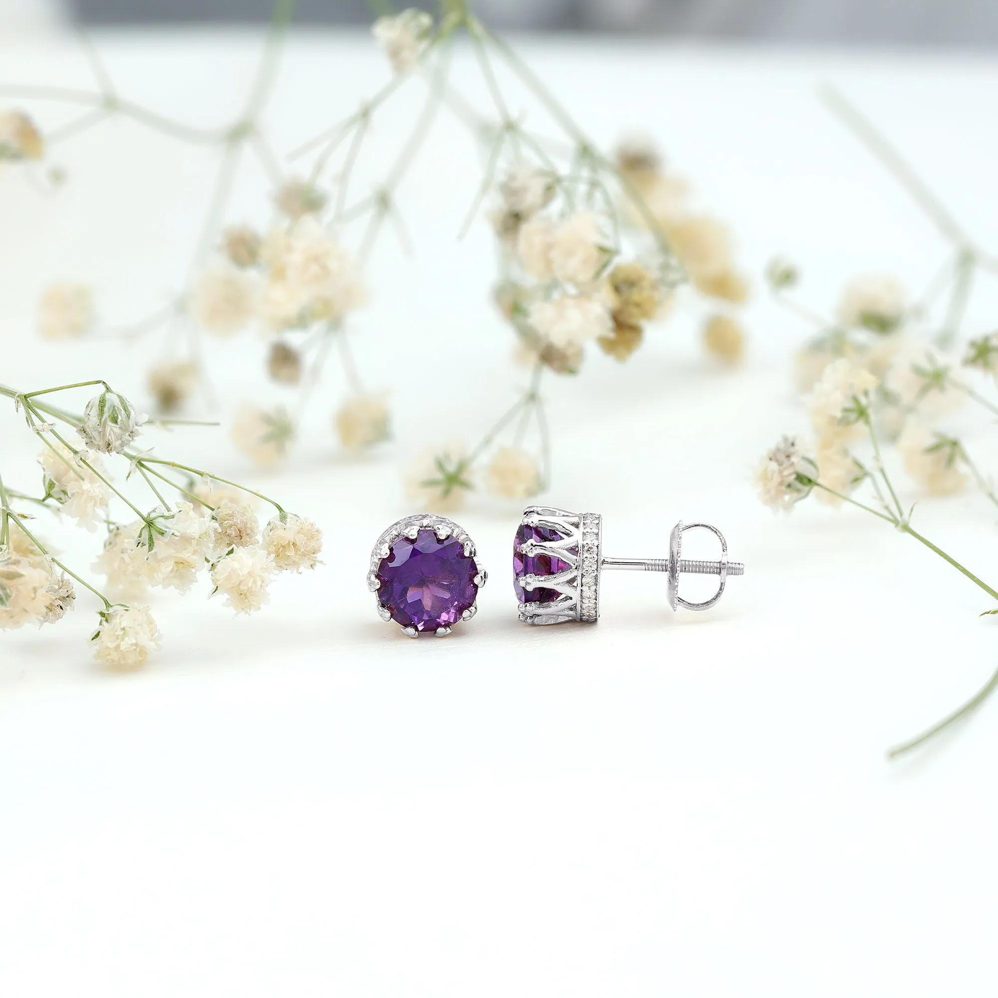 2.50 CT Solitaire Amethyst and Diamond Crown Stud Earrings