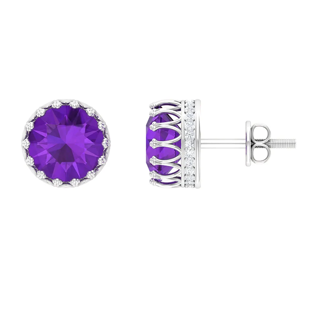 2.50 CT Solitaire Amethyst and Diamond Crown Stud Earrings