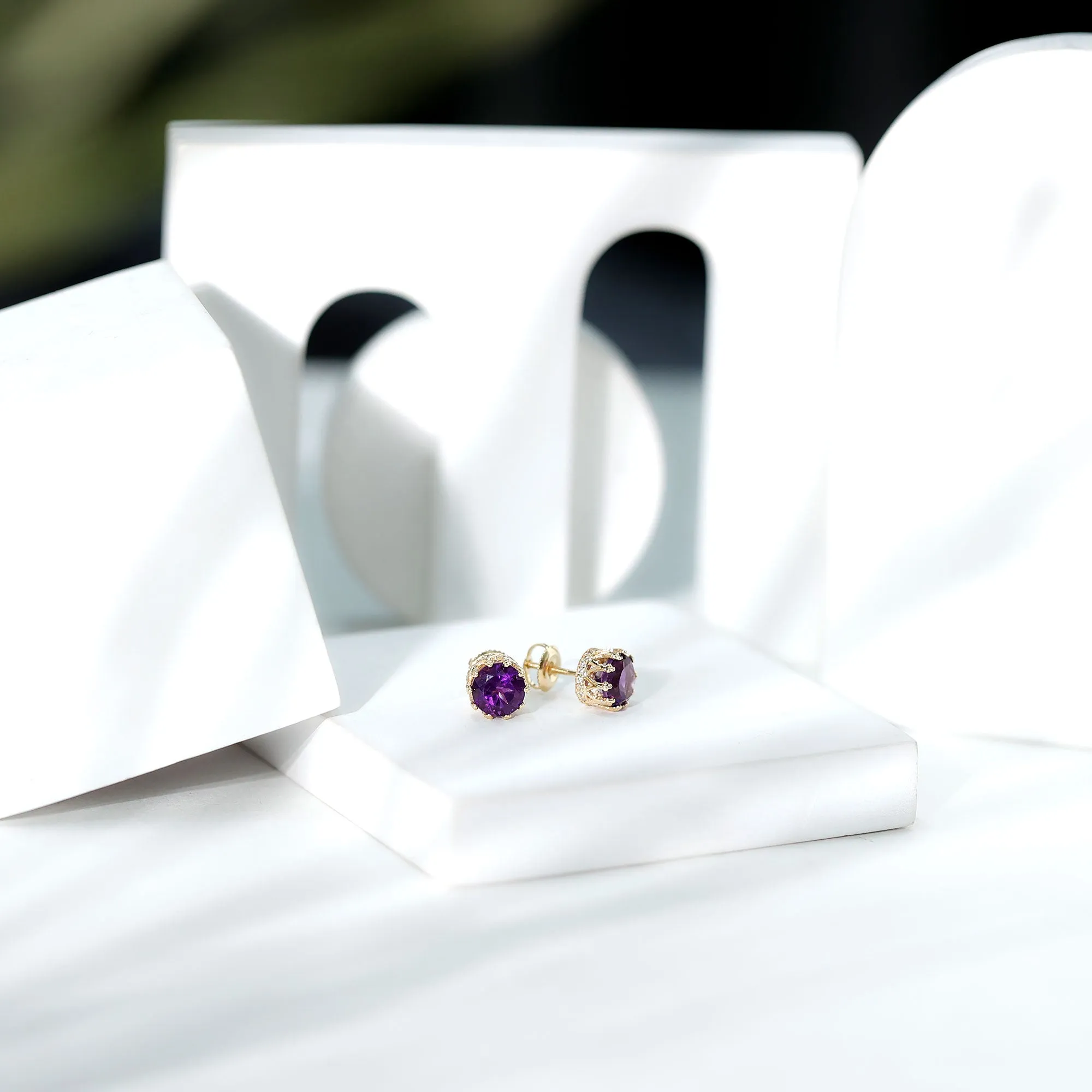 2.50 CT Solitaire Amethyst and Diamond Crown Stud Earrings