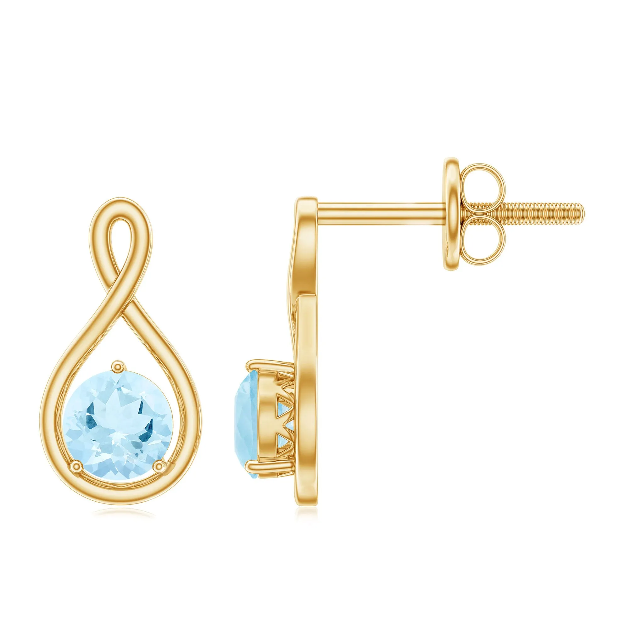 4 MM Aquamarine Solitaire and Gold Infinity Stud Earrings