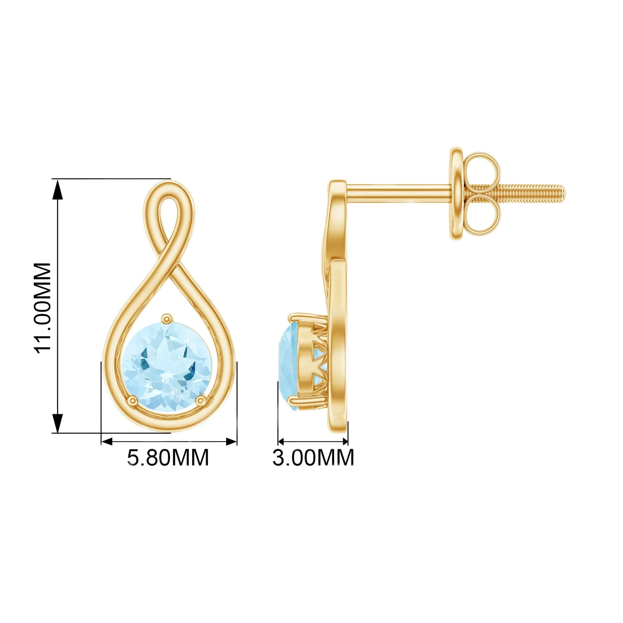 4 MM Aquamarine Solitaire and Gold Infinity Stud Earrings