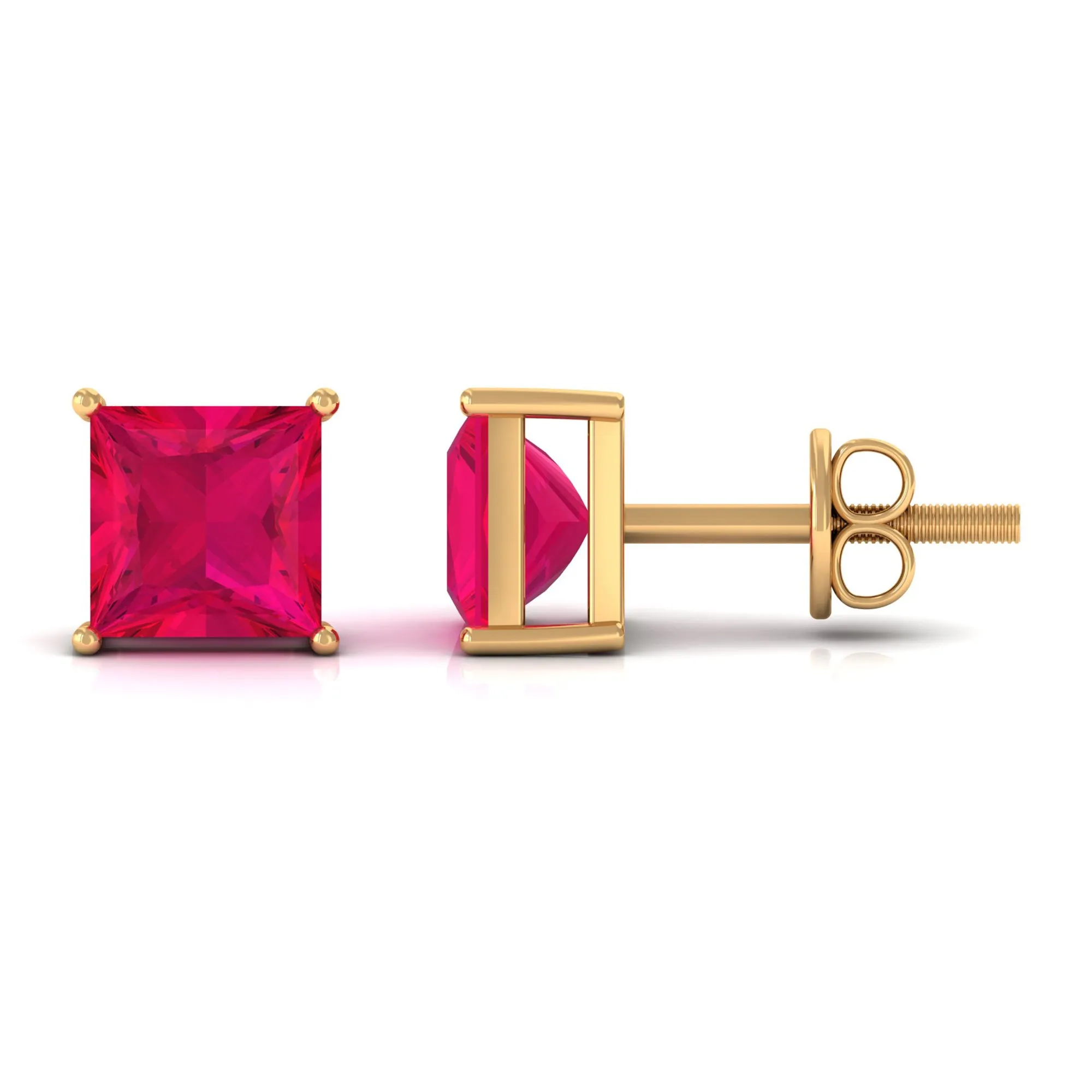 4 MM Classic Princess Cut Ruby Solitaire Stud Earrings