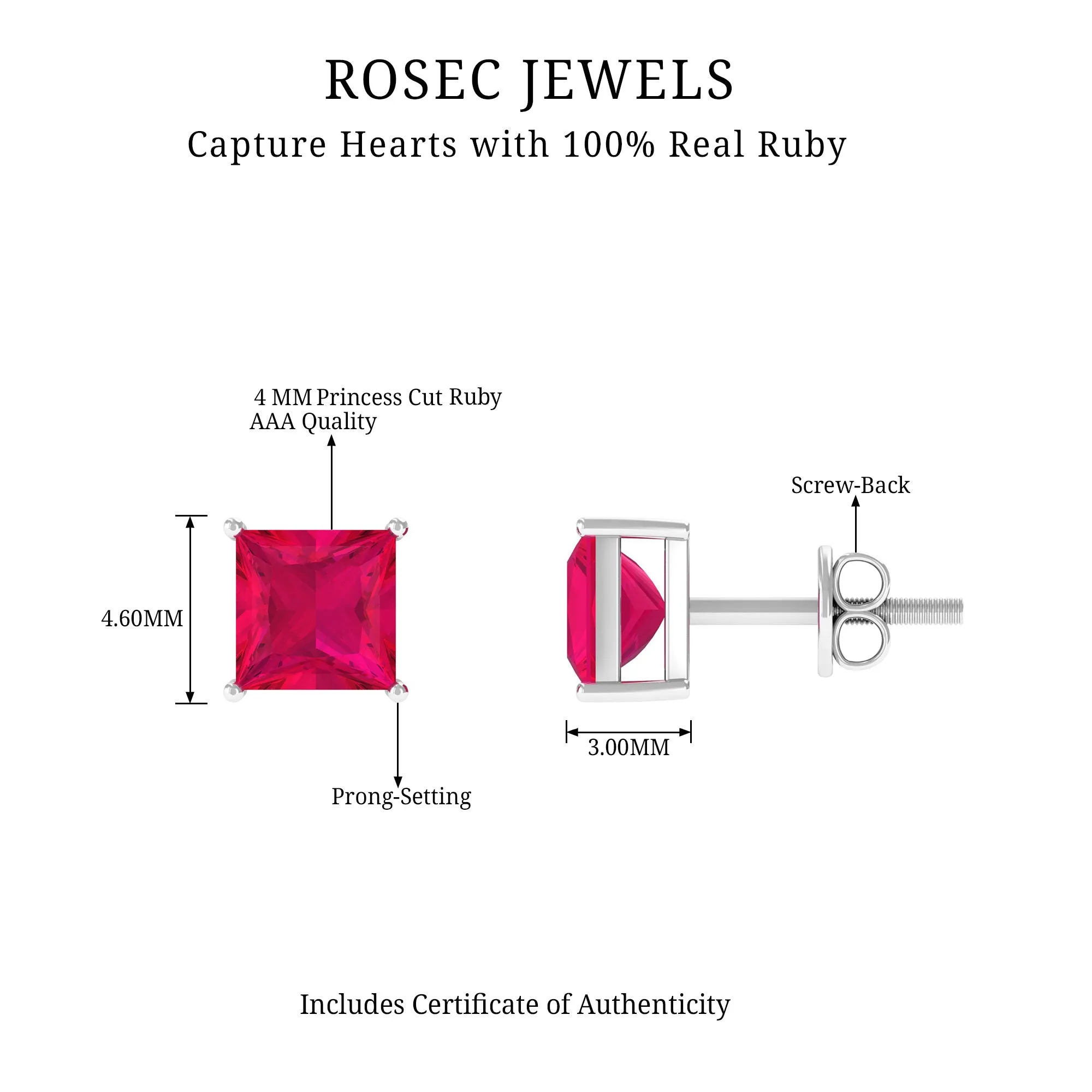 4 MM Classic Princess Cut Ruby Solitaire Stud Earrings