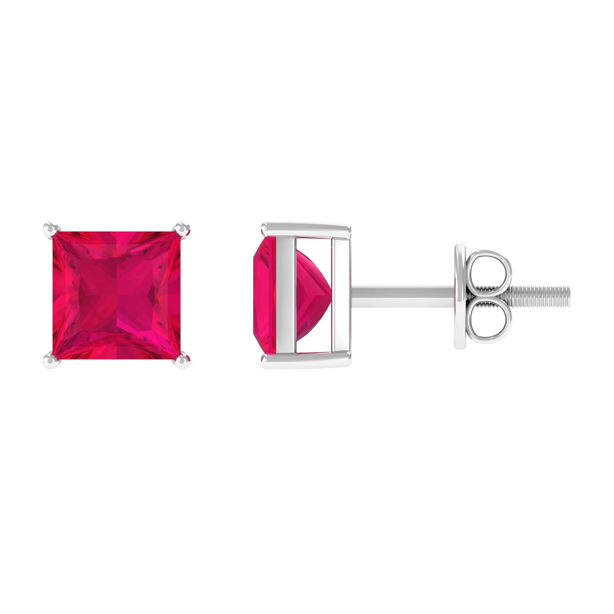 4 MM Classic Princess Cut Ruby Solitaire Stud Earrings