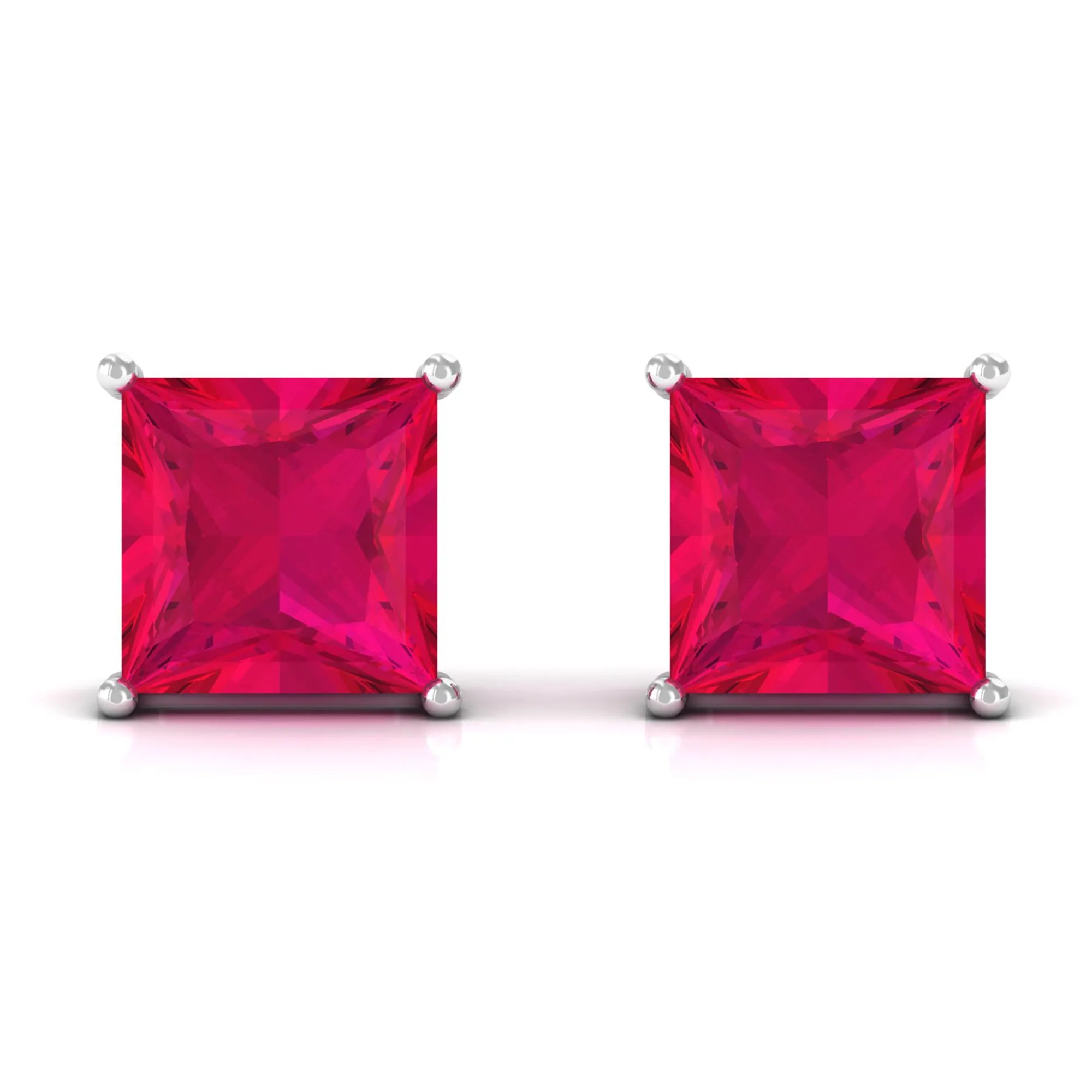 4 MM Classic Princess Cut Ruby Solitaire Stud Earrings