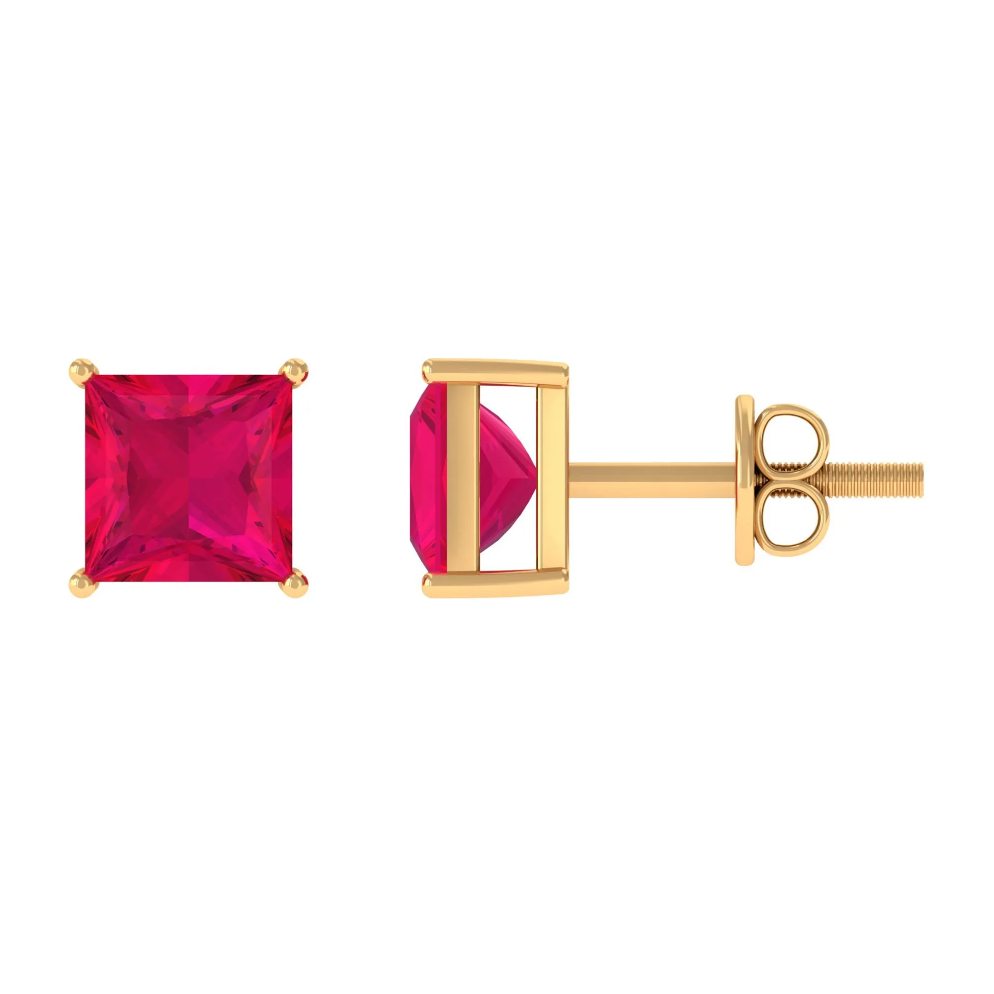 4 MM Classic Princess Cut Ruby Solitaire Stud Earrings