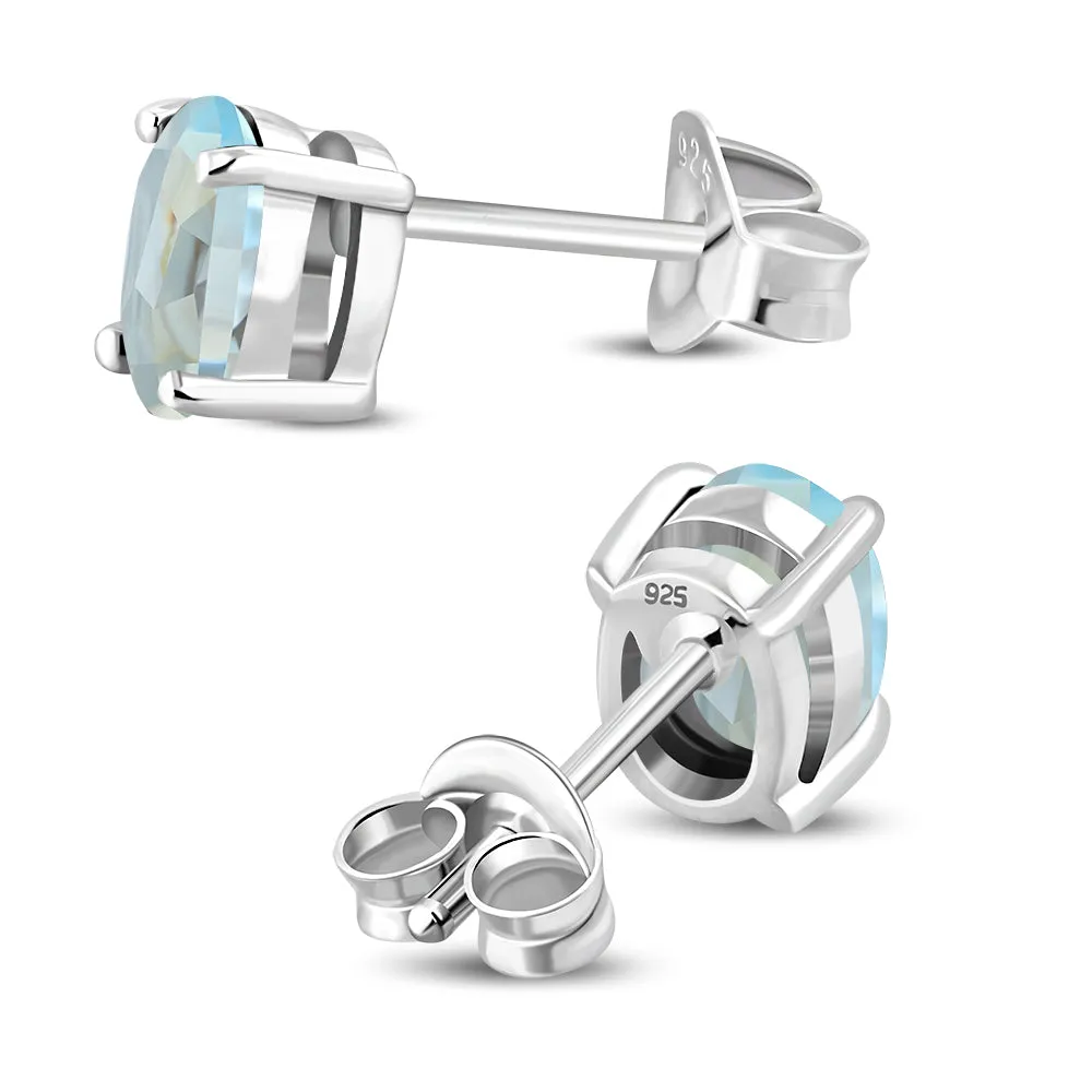 5x7mm Oval Prong-Set Blue Topaz Stone Sterling Silver Stud Earrings