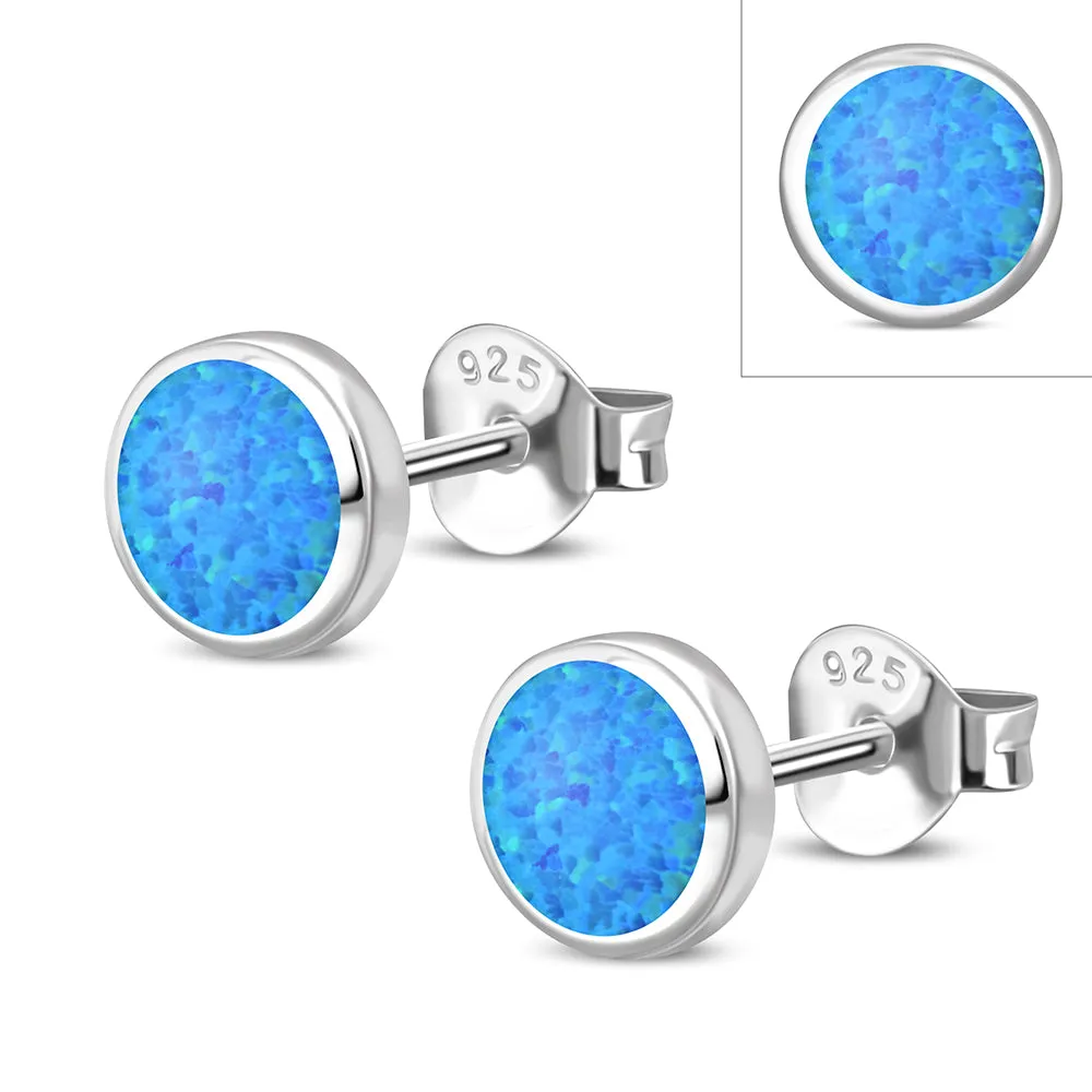 6mm | Synthetic Blue Opal Round Sterling Silver Stud Earrings