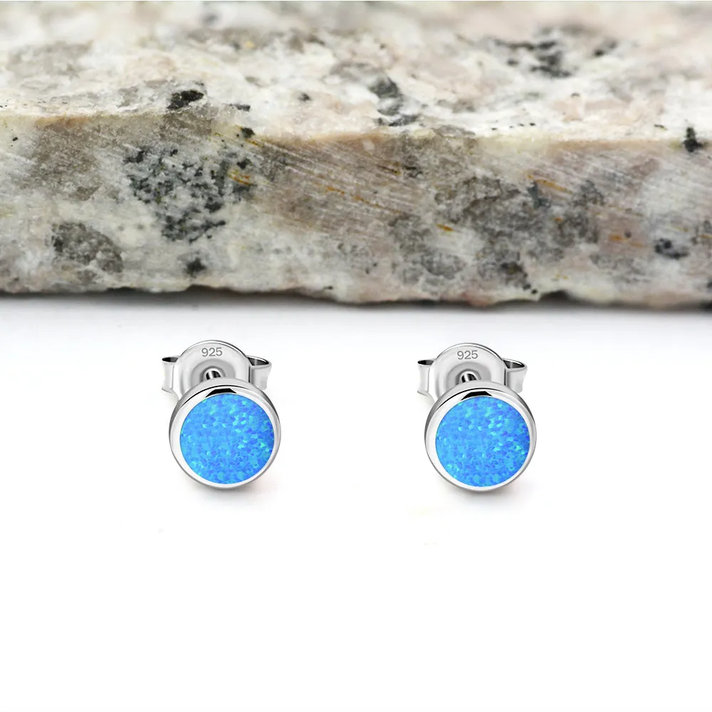 6mm | Synthetic Blue Opal Round Sterling Silver Stud Earrings