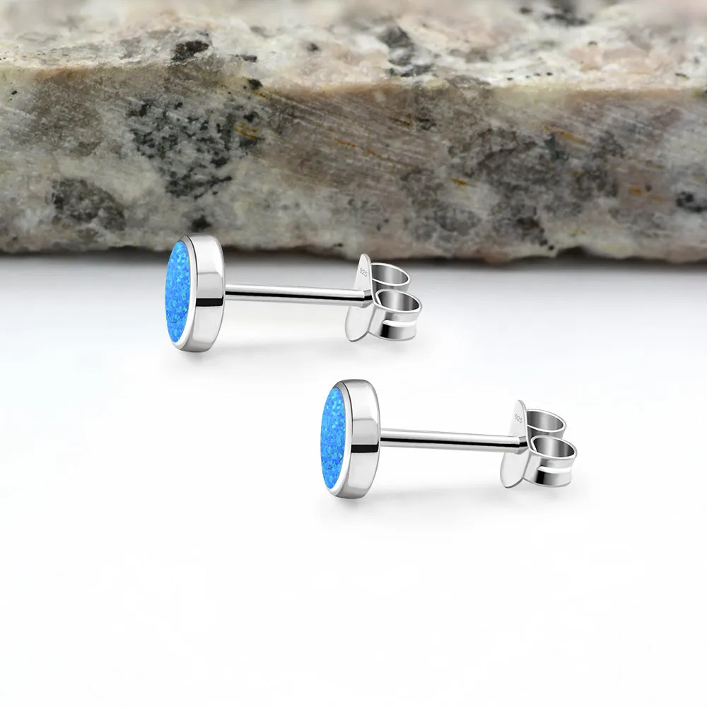 6mm | Synthetic Blue Opal Round Sterling Silver Stud Earrings