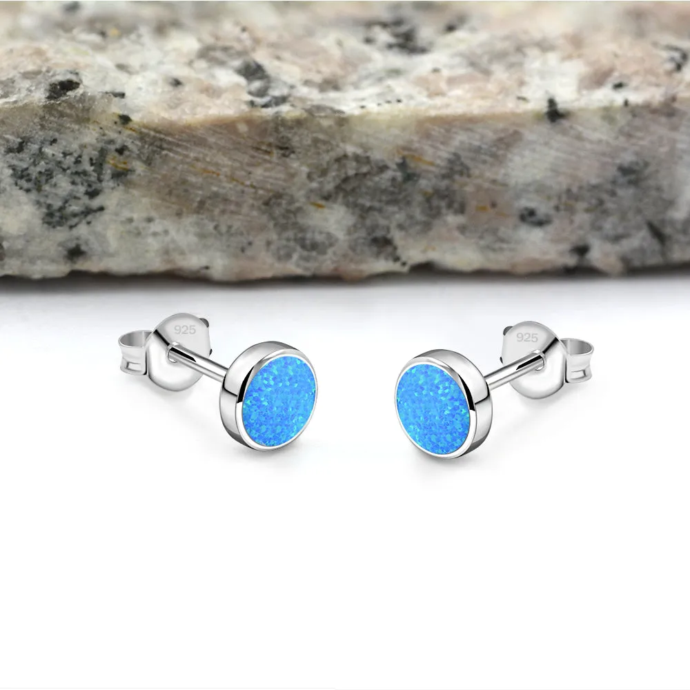 6mm | Synthetic Blue Opal Round Sterling Silver Stud Earrings