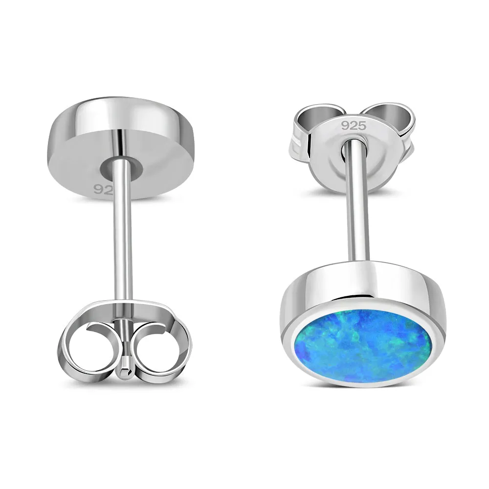 6mm | Synthetic Blue Opal Round Sterling Silver Stud Earrings