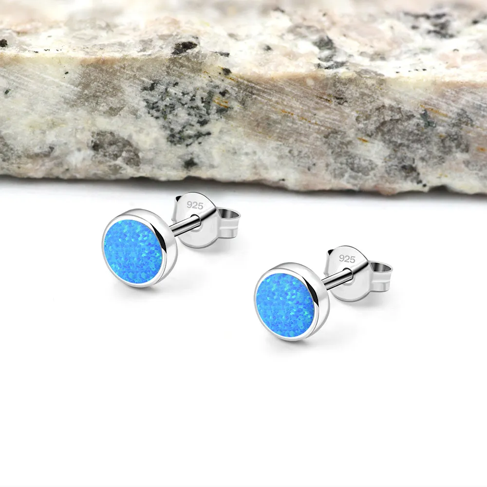 6mm | Synthetic Blue Opal Round Sterling Silver Stud Earrings