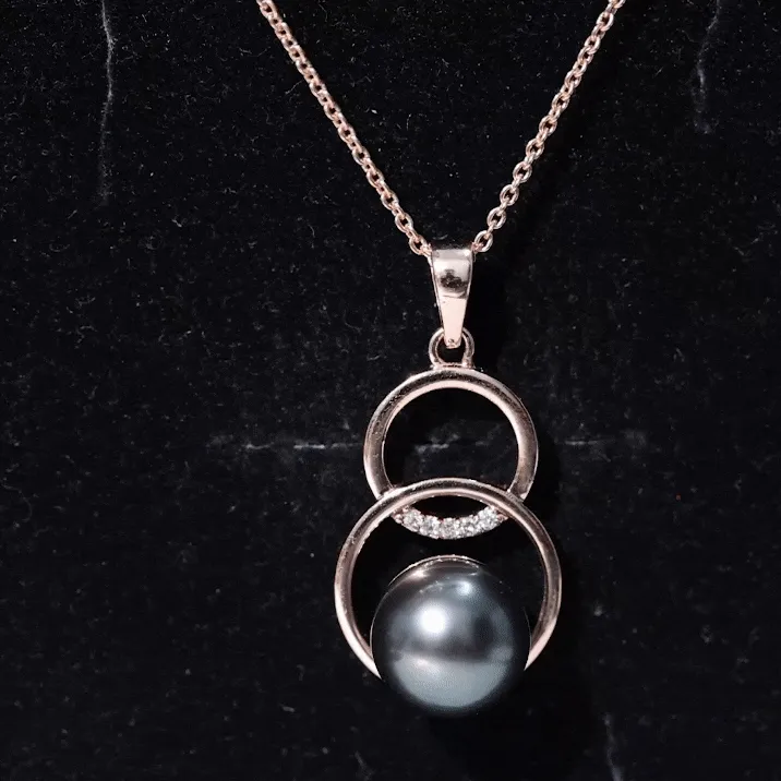 7.5 CT Tahitian Pearl and Diamond Open Circle Charm Pendant Necklace