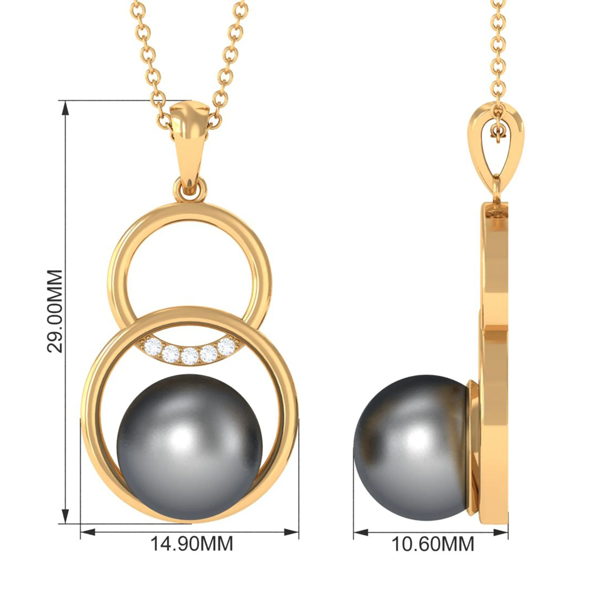 7.5 CT Tahitian Pearl and Diamond Open Circle Charm Pendant Necklace