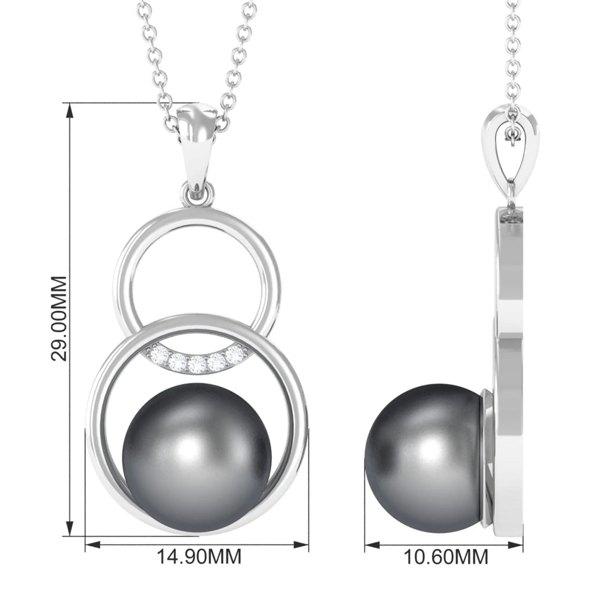 7.5 CT Tahitian Pearl and Diamond Open Circle Charm Pendant Necklace