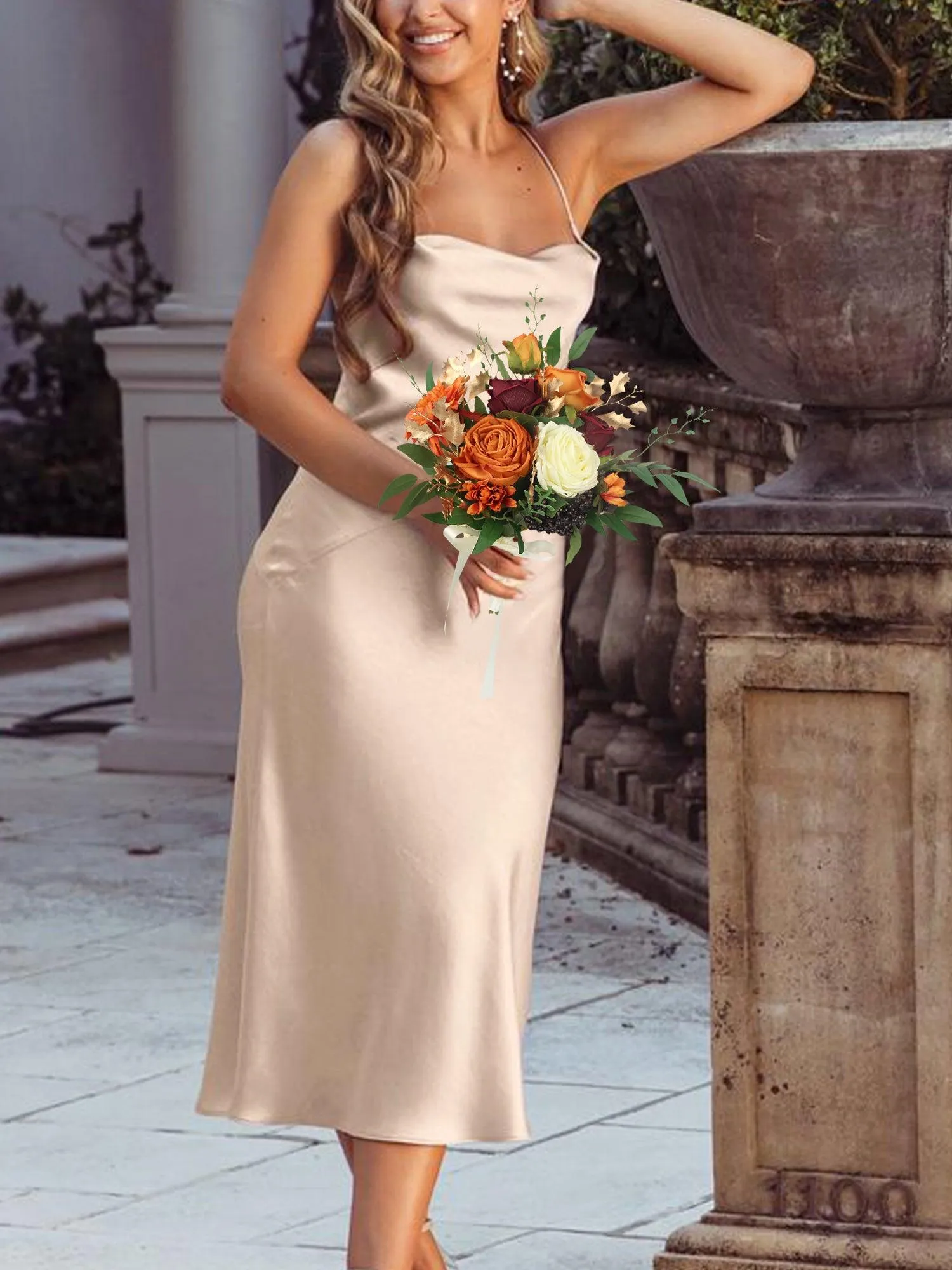 9.3 inch wide Burnt Orange Bridesmaid Bouquet