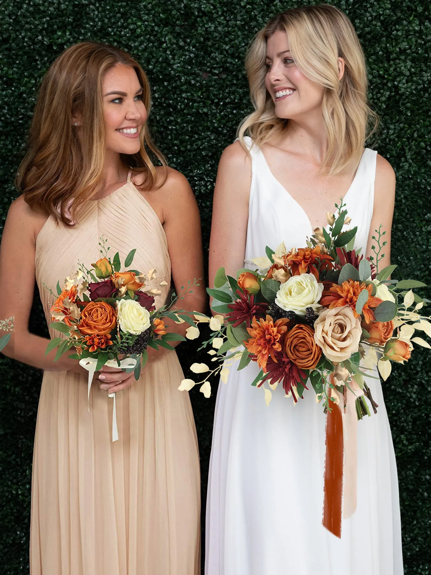 9.3 inch wide Burnt Orange Bridesmaid Bouquet