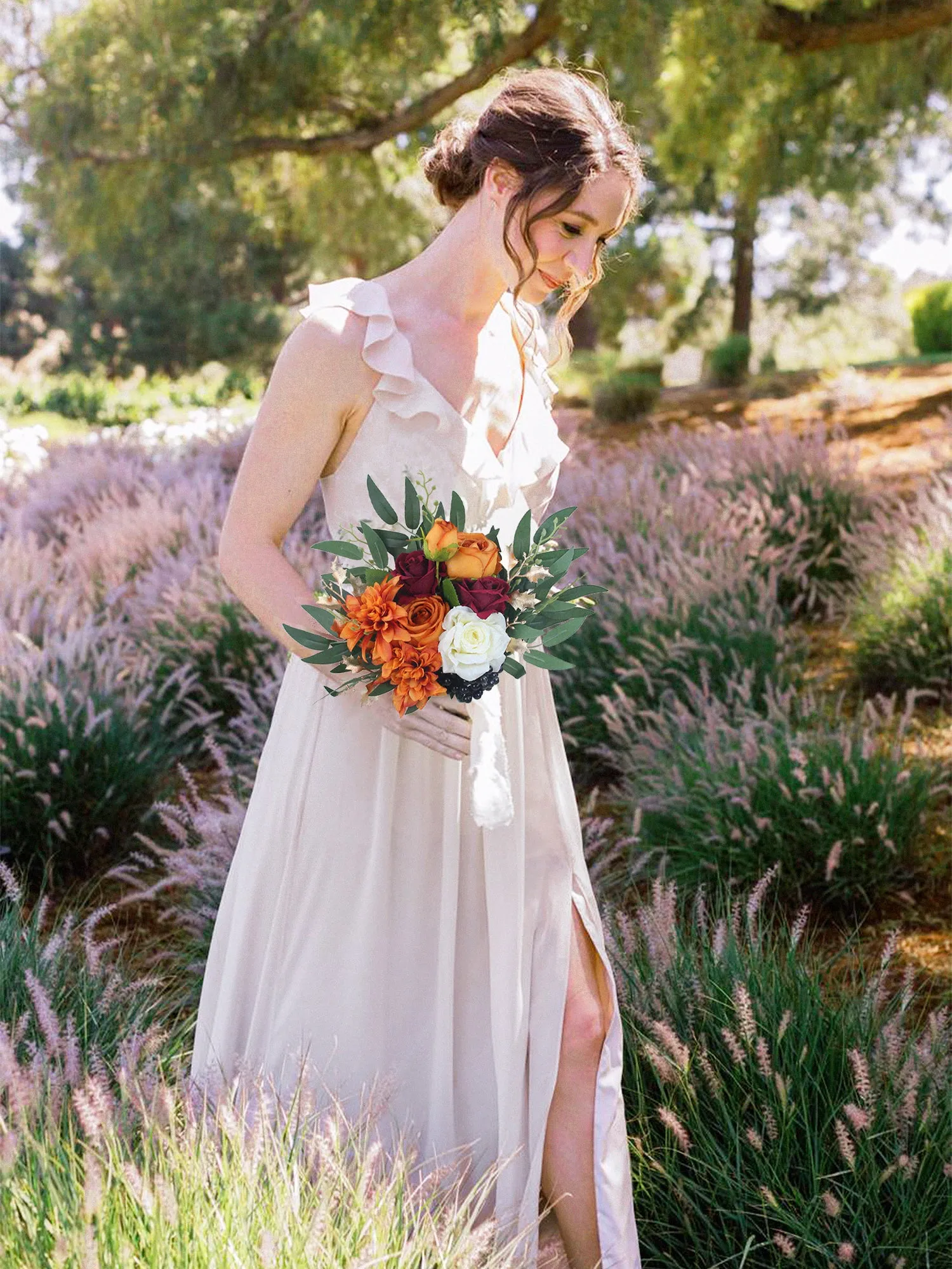 9.3 inch wide Burnt Orange Bridesmaid Bouquet