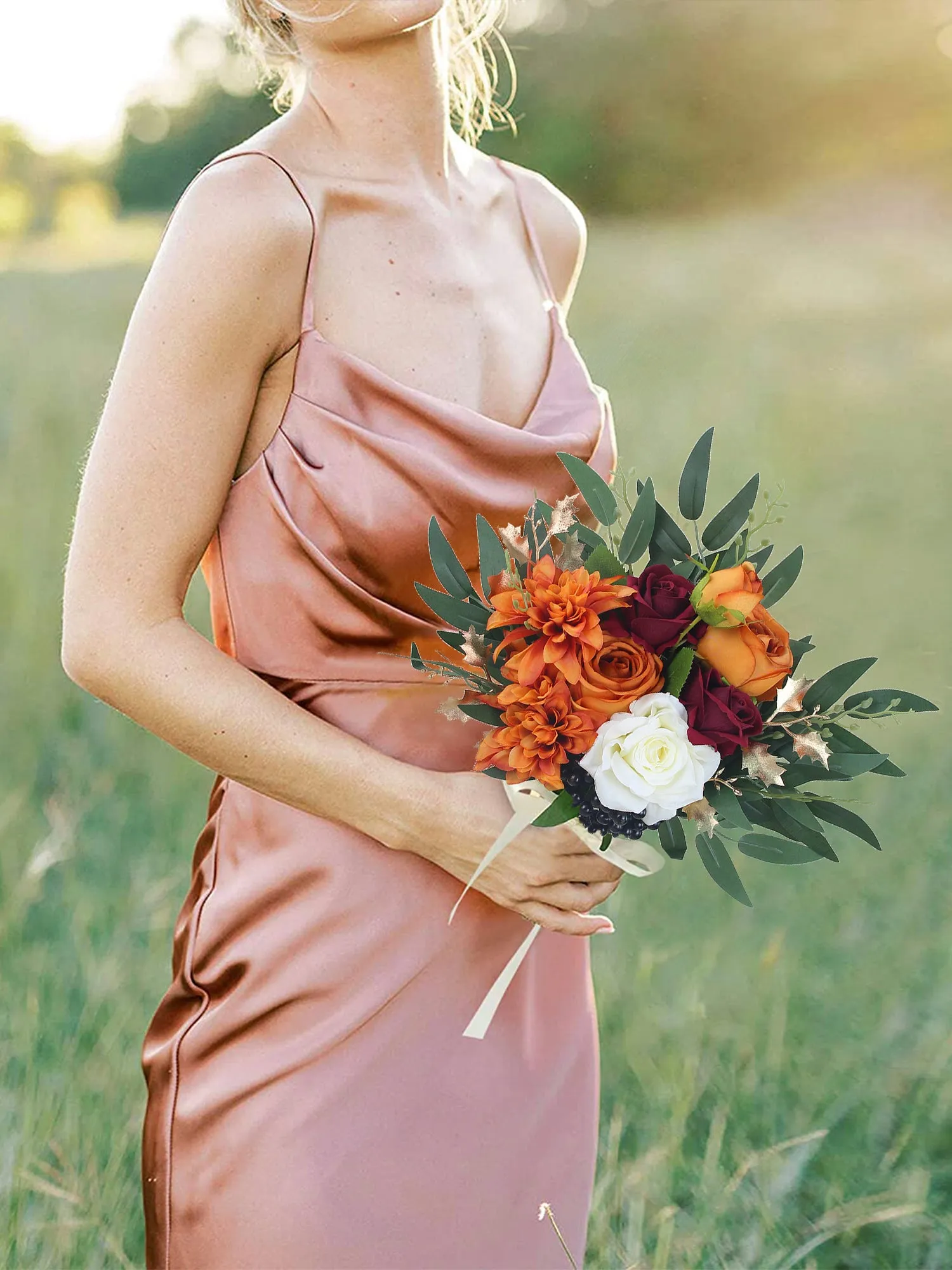 9.3 inch wide Burnt Orange Bridesmaid Bouquet