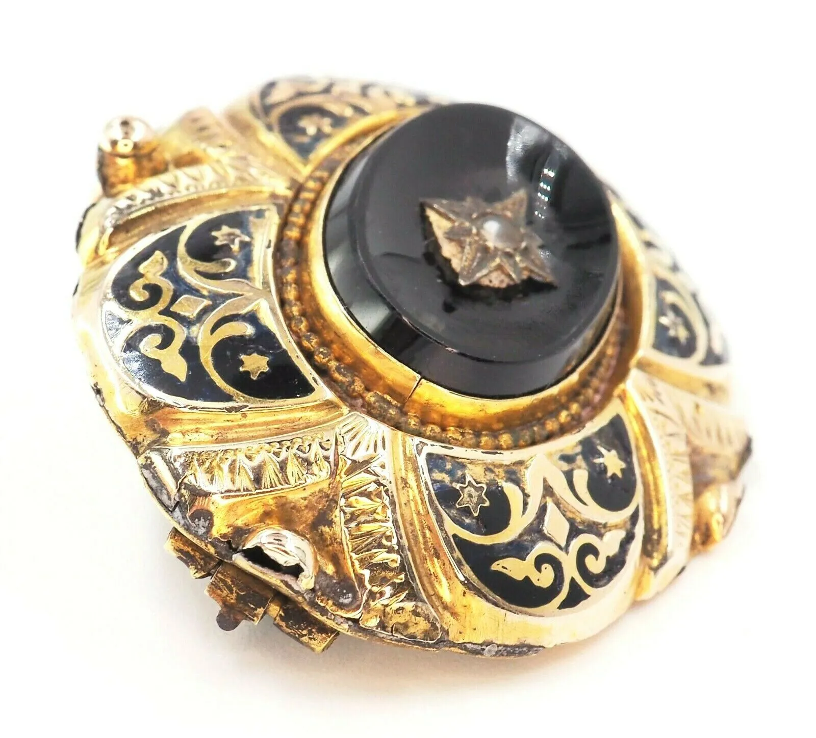 9ct Yellow Gold Pearl Enamel Mourning Brooch With Removable Glass Back