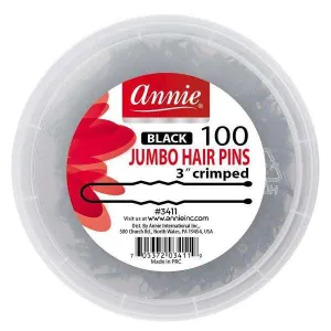 Annie Jumbo Hair Pins 3In Black Crimped 100ct