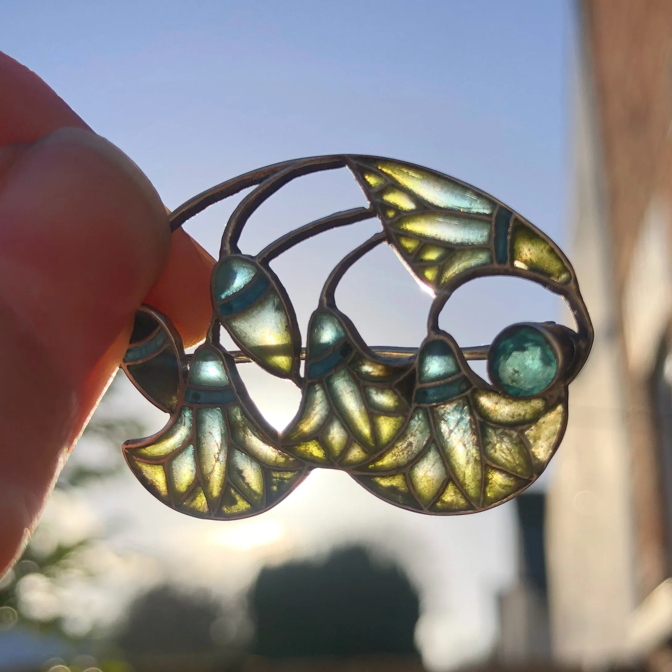 Antique Silver Plique À Jour Egyptian Revival Lotus Brooch