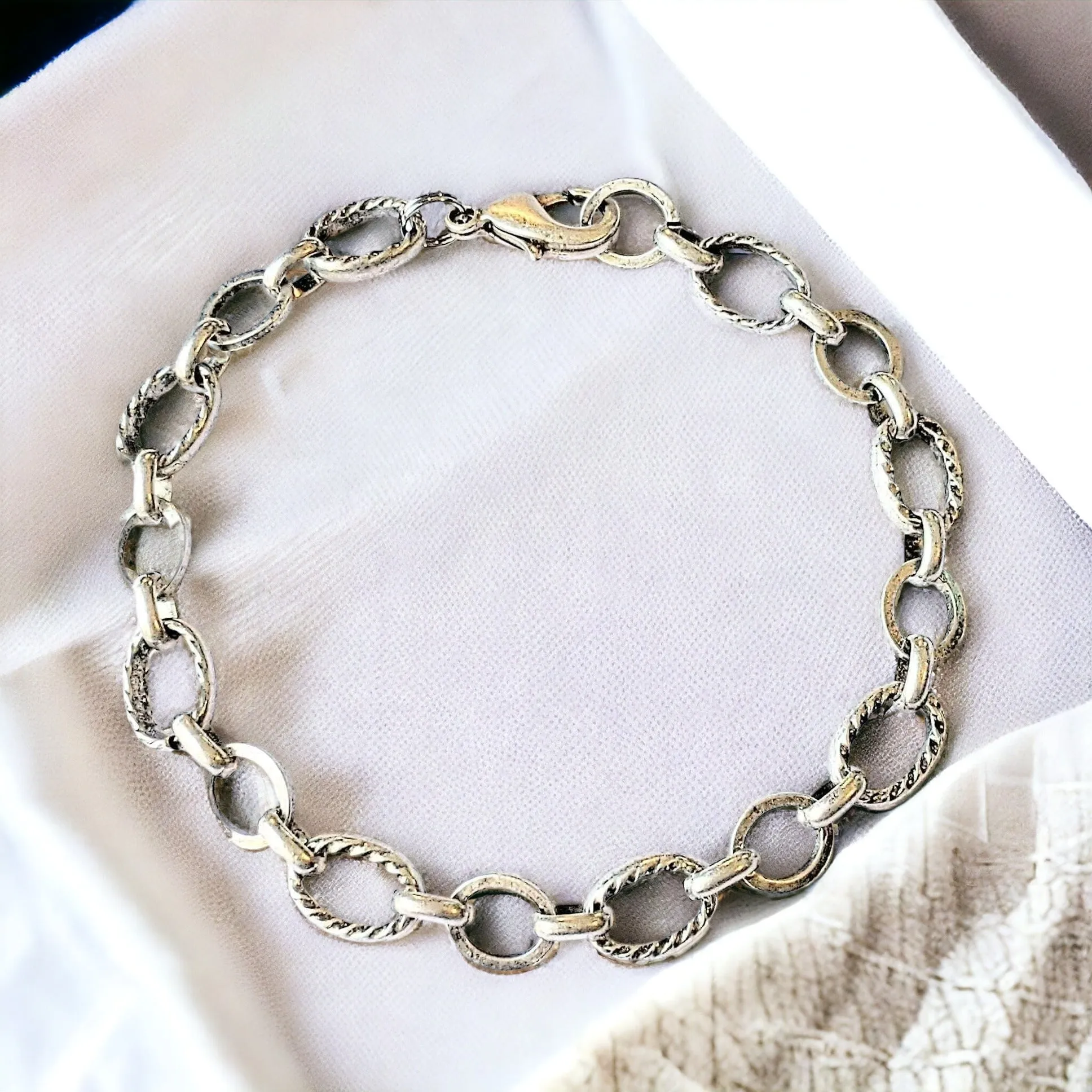 Antique Silver Textured Oval Link Charm Bracelet Base - D.I.Y. - BUILD YOUR CHARM BRACELET!