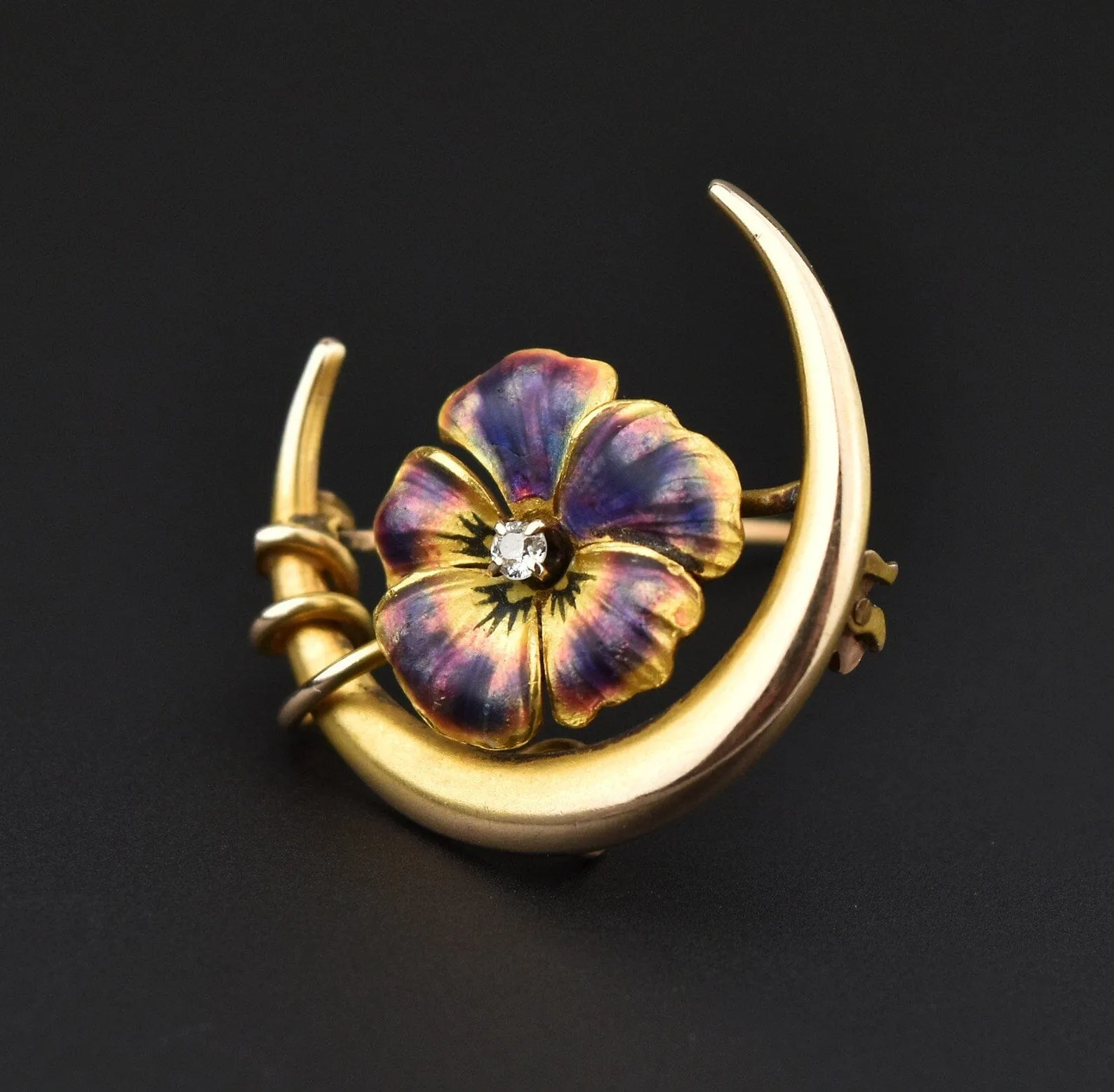 Art Nouveau 14K Gold Diamond Enamel Pansy Crescent Moon Brooch